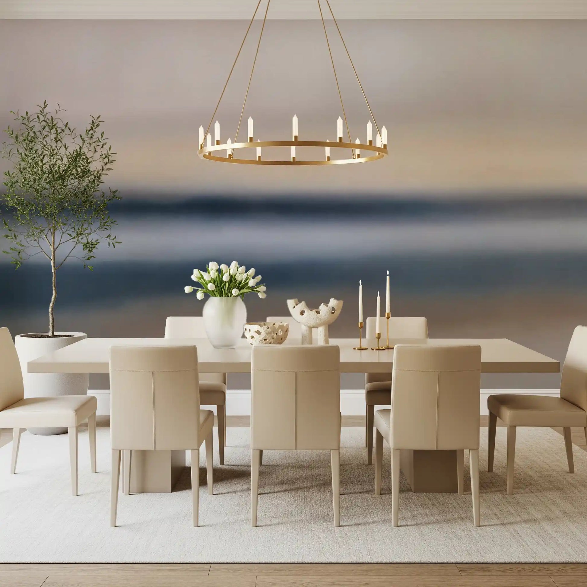 Dining room run of the blurred stripe Rotko Ash wall mural in cream and slate