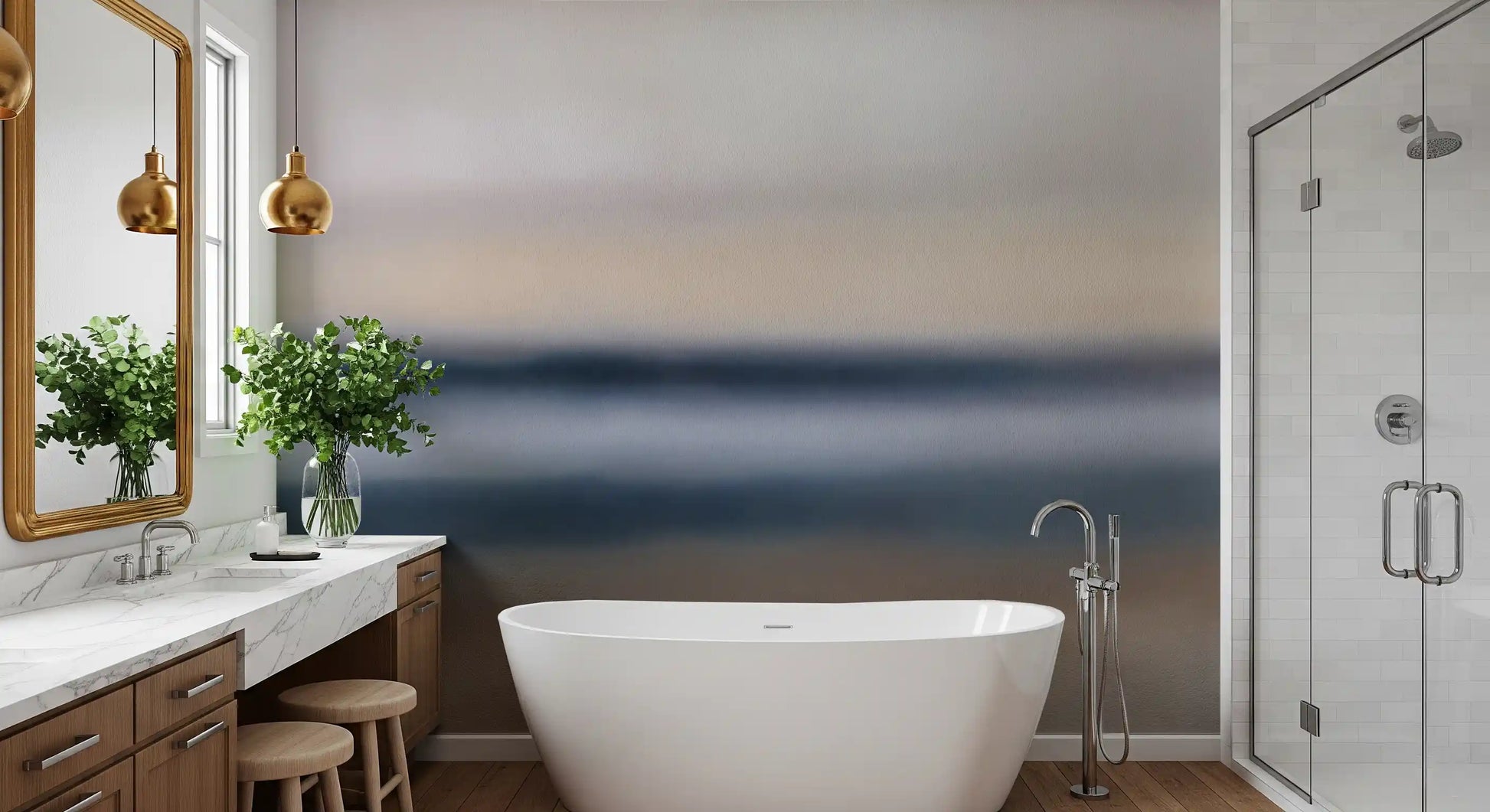 Deep navy band cuts through cream and blush in the Rotko Ash wall mural