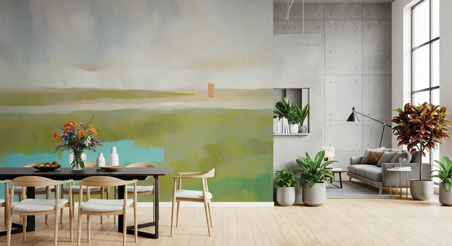Painterly wetland fills the Velvet Dawn wall mural with a calm horizon mood.