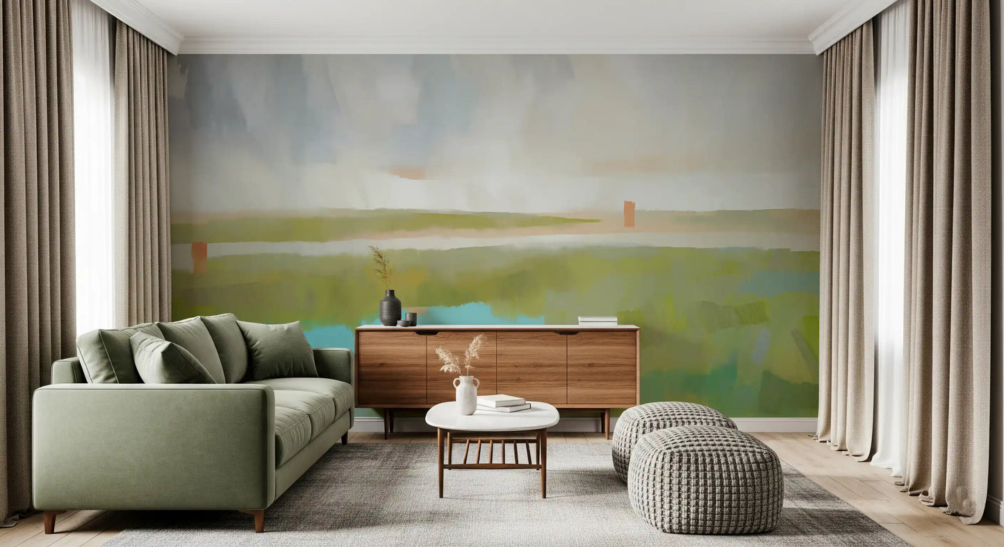 Turquoise water sits at the centre of the Velvet Dawn wall mural near meadow strokes.