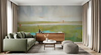 Turquoise water sits at the centre of the Velvet Dawn wall mural near meadow strokes.