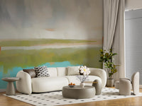 Velvet Dawn wall mural shows a brushy marsh meadow beneath a pale sunrise band.