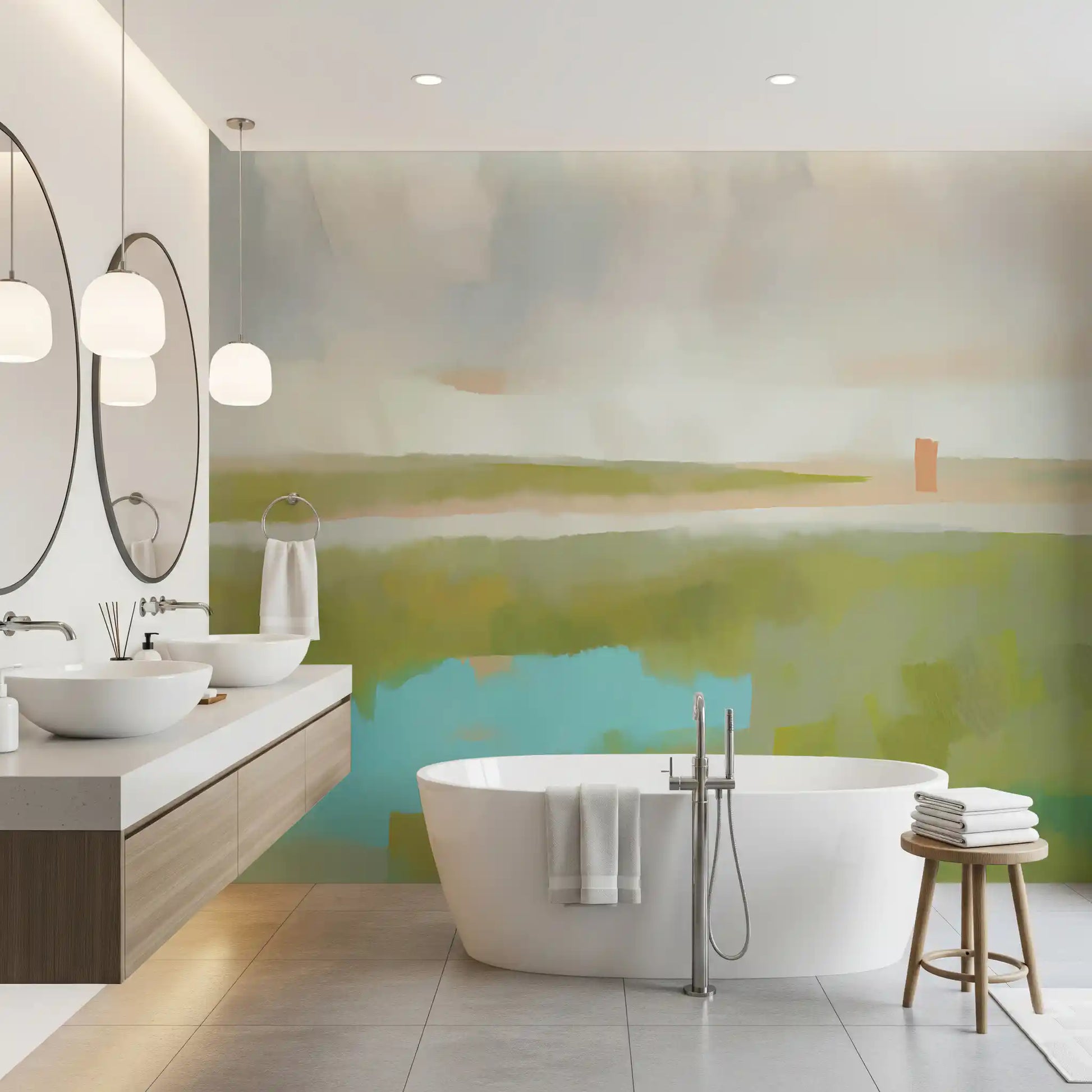 Two slim coral marks add distance to the Velvet Dawn wall mural's brushwork.