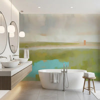 Two slim coral marks add distance to the Velvet Dawn wall mural's brushwork.