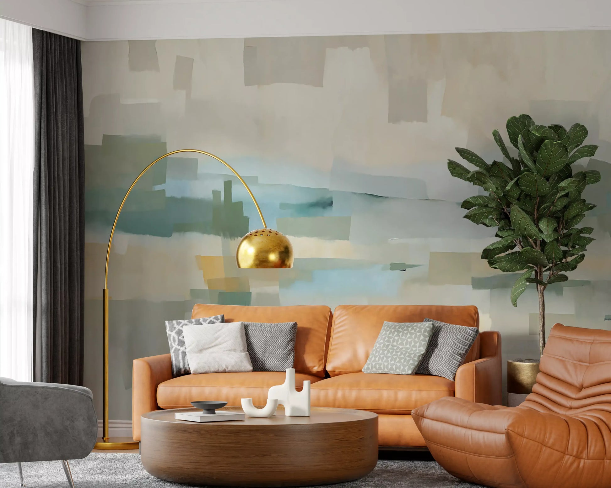 Brushed horizon detail of the Velvet Dusk wall mural in ivory and olive