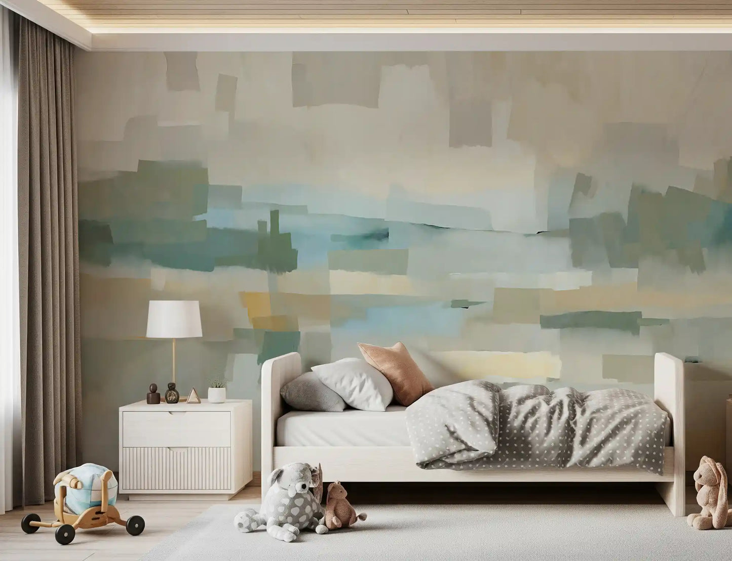 Kids bedroom pairing warm flooring with the muted Velvet Dusk wall mural