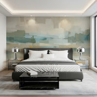 Velvet Dusk wall mural showing layered blocks of sage, beige and slate blue