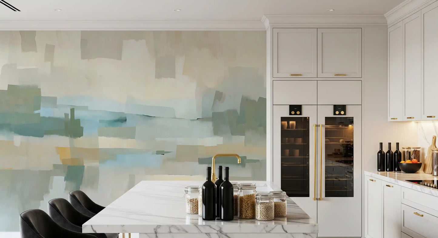 Painterly rectangles drift across the muted Velvet Dusk wall mural