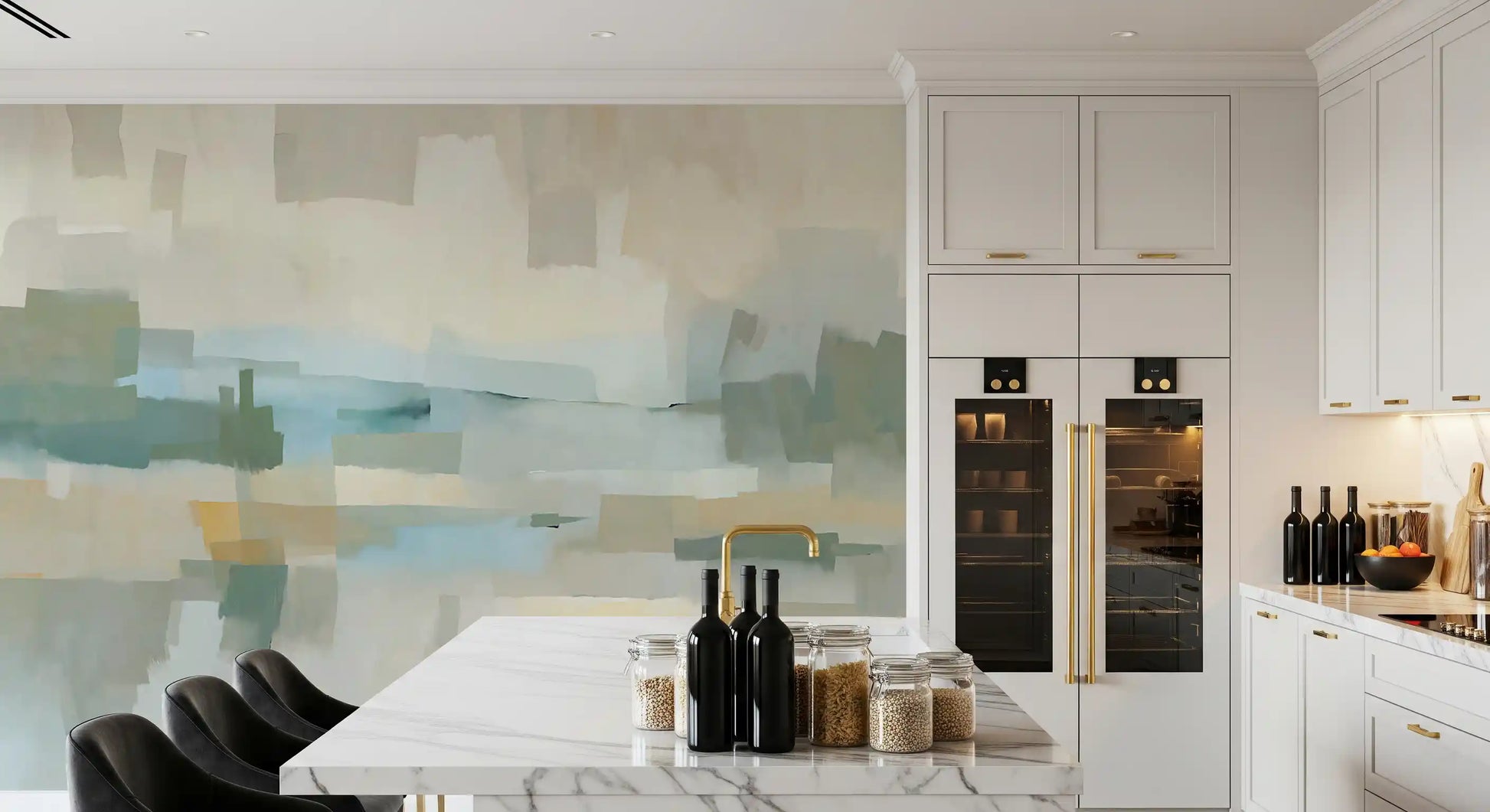 Painterly rectangles drift across the muted Velvet Dusk wall mural