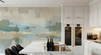 Painterly rectangles drift across the muted Velvet Dusk wall mural