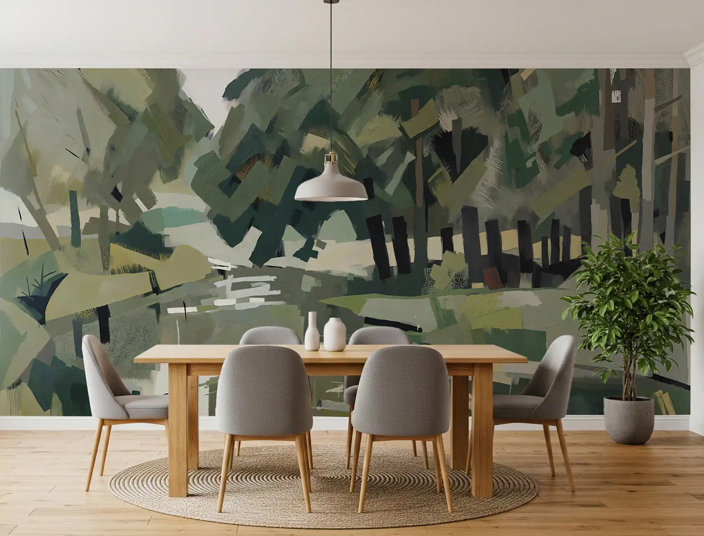 Velvet Forest wall mural moves between brushy greens, ivory water, and dark trunks.