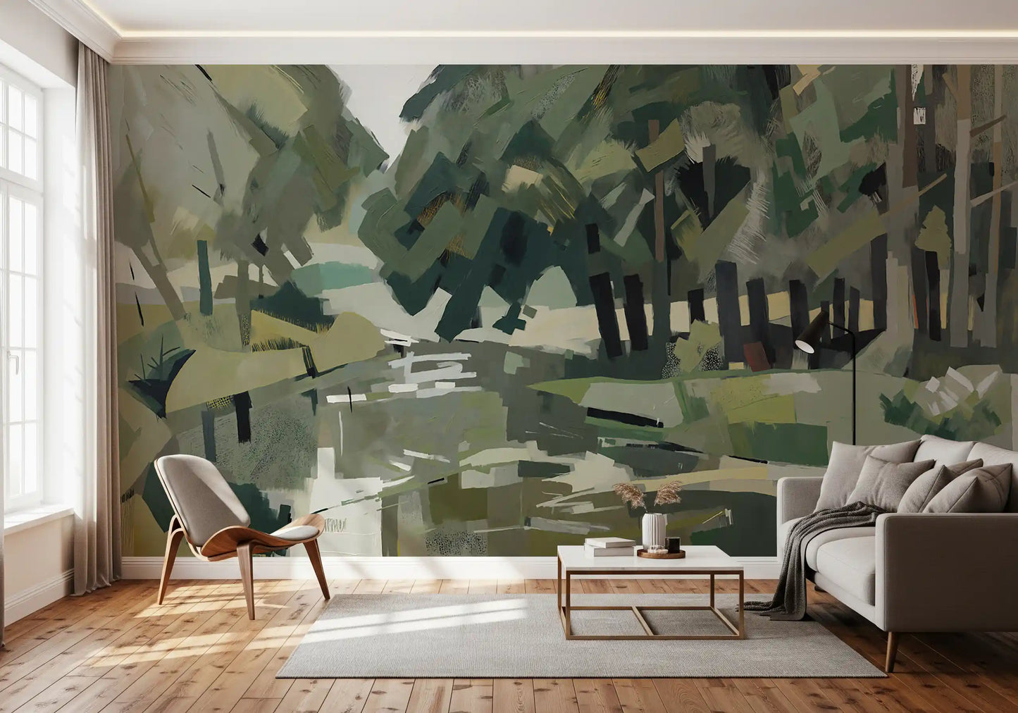Glassy river light catches across the Velvet Forest wall mural in pale ivory tones.