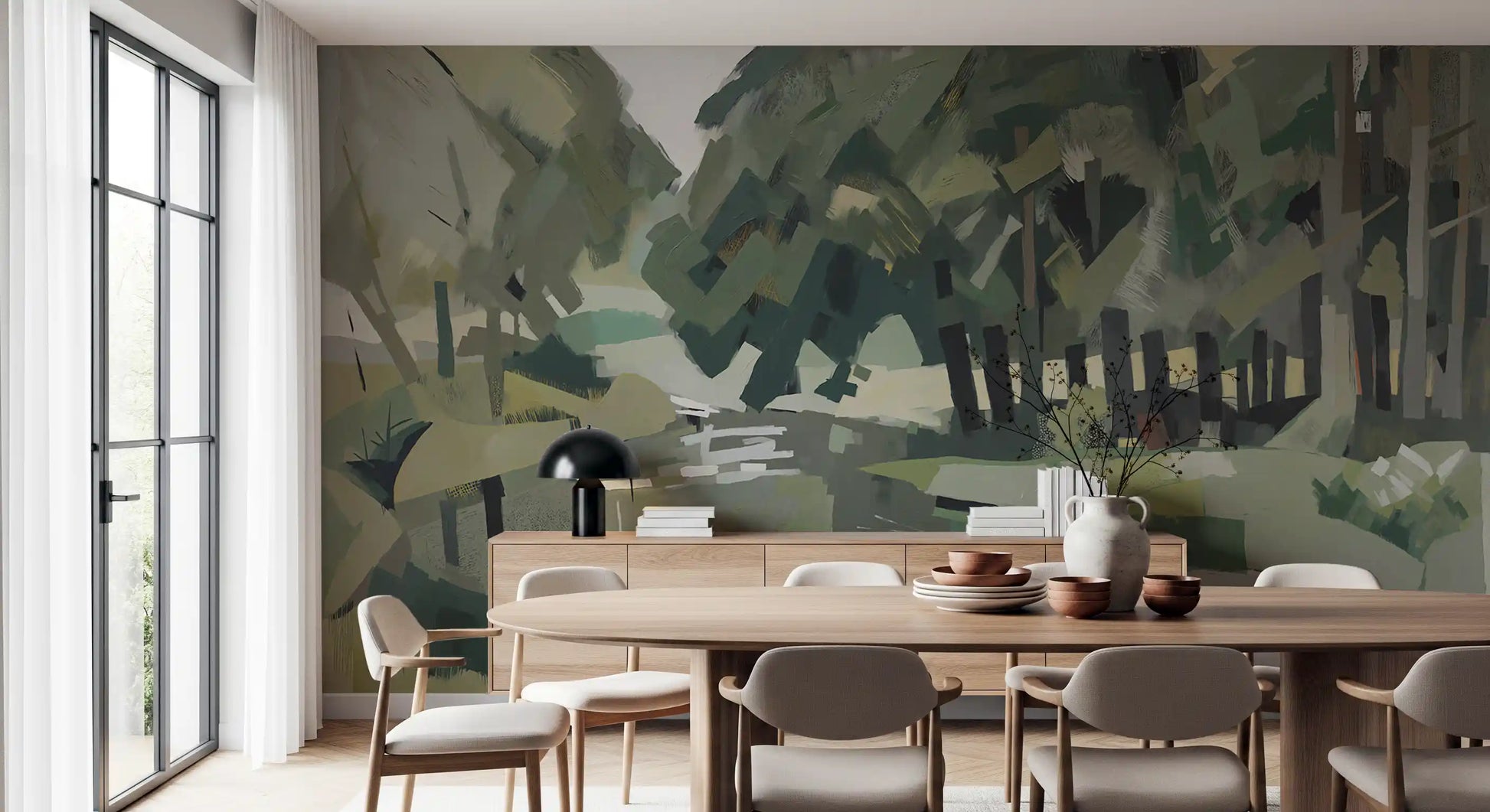 Tiny red and ochre flecks warm the Velvet Forest wall mural between mossy patches.