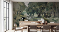 Tiny red and ochre flecks warm the Velvet Forest wall mural between mossy patches.