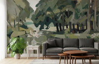 Painterly olive and sage layers shape the Velvet Forest wall mural with woodland feel.
