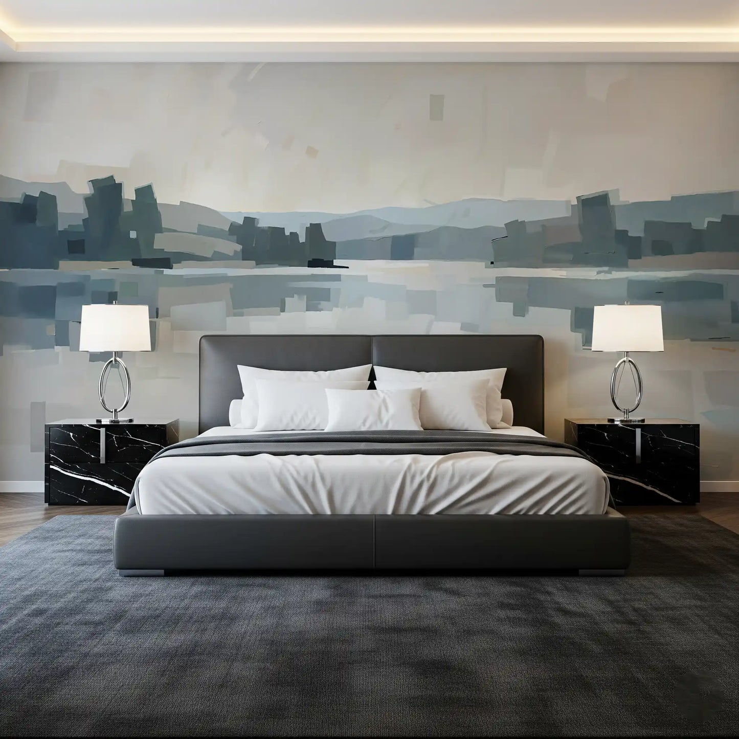 Lake reflections meet a low horizon line through the Velvet Glow wall mural.