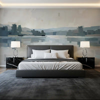 Lake reflections meet a low horizon line through the Velvet Glow wall mural.