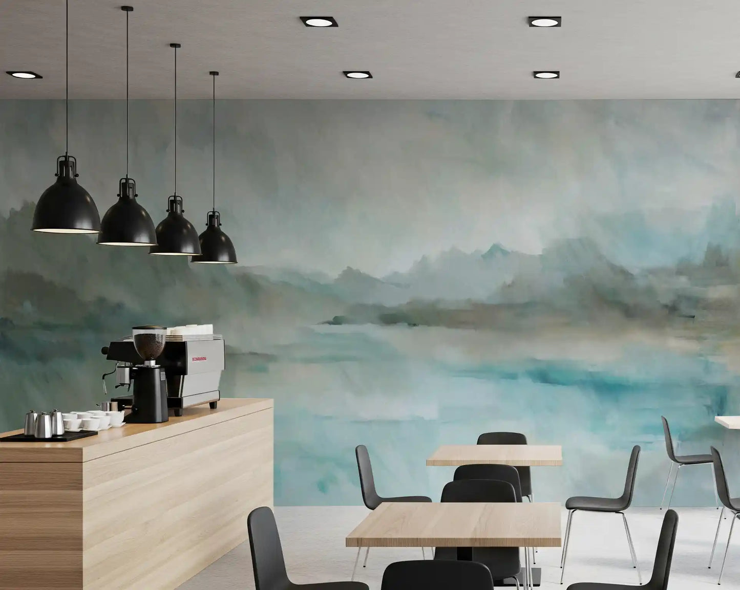 Brushed sage and turquoise tones running through this misty horizon wall mural