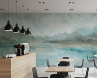 Brushed sage and turquoise tones running through this misty horizon wall mural