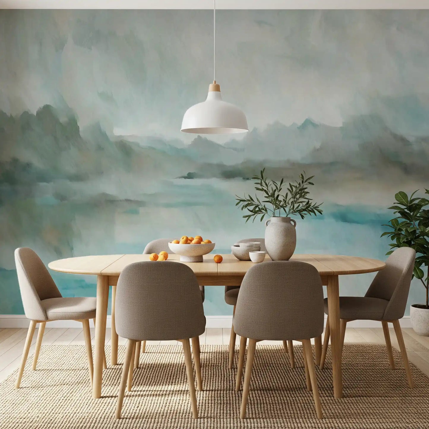 Painterly teal water and hazy ridges across the Velvet Horizon wall mural