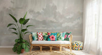 Brushed cloud forms drift through the Velvet Smoke wall mural in pale ivory hues.