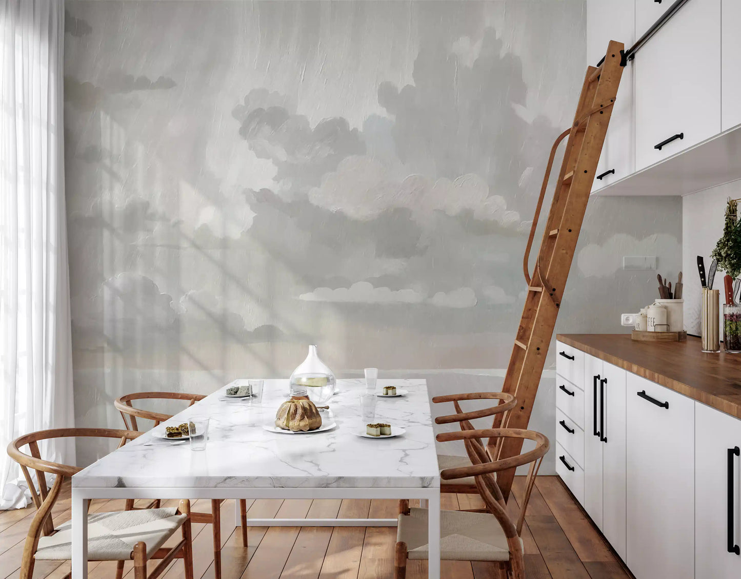 Smoky overcast cloud scene lifts a Kitchen and dining room styled around the Velvet Smoke wall mural.