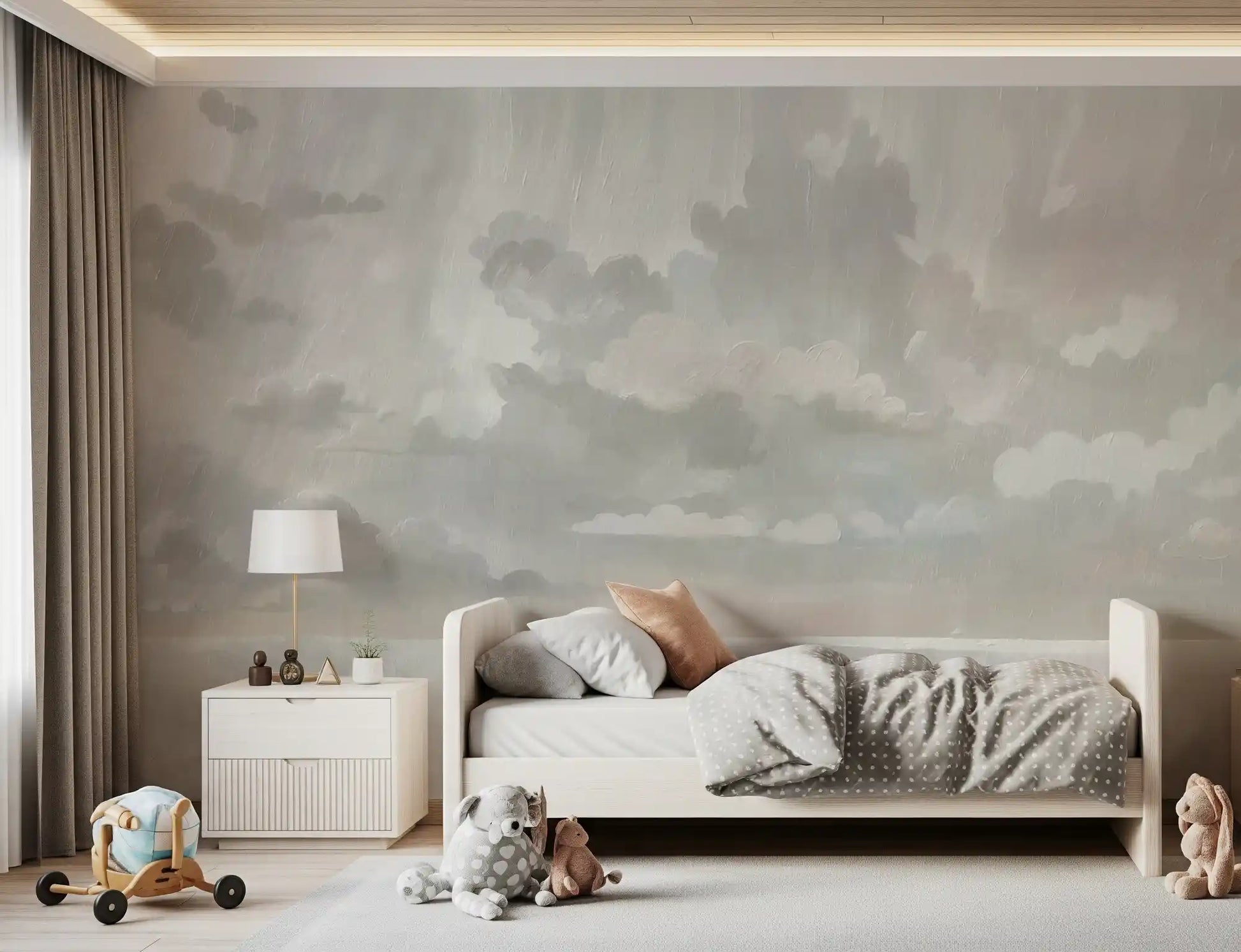Painted sky pairs with a Kids bedroom  area in this cloudscape wall mural backdrop.