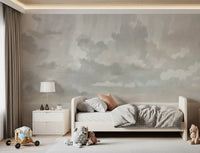 Painted sky pairs with a Kids bedroom  area in this cloudscape wall mural backdrop.