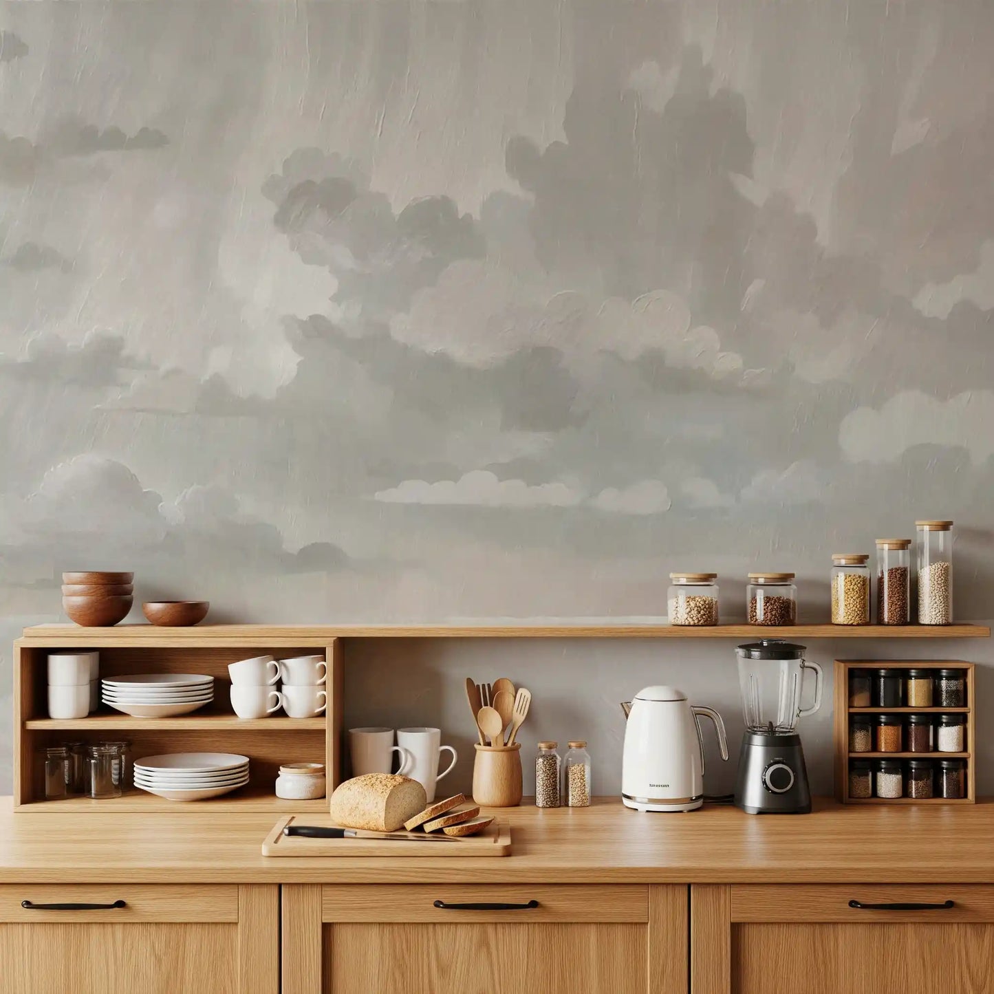Overcast sky scene blends through the cloud wall mural with smoky grey and blush hints.