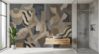 A muted palette of grey, beige and warm brown drives the wall mural composition.