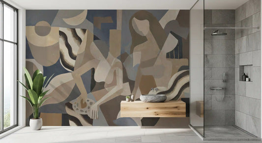 A muted palette of grey, beige and warm brown drives the wall mural composition.