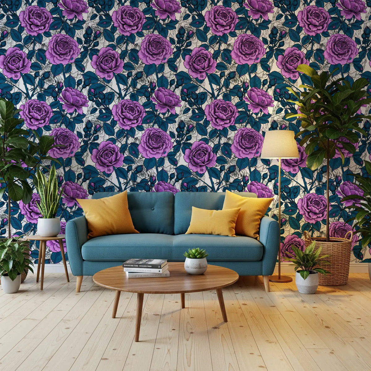 Deep magenta peonies and inked teal leaves spread across a Living room wallpaper .
