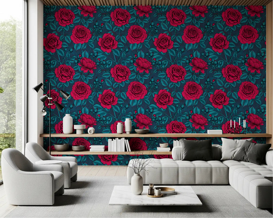 Crimson roses on navy in Nocturnal Rose Garden wallpaper across a living room 