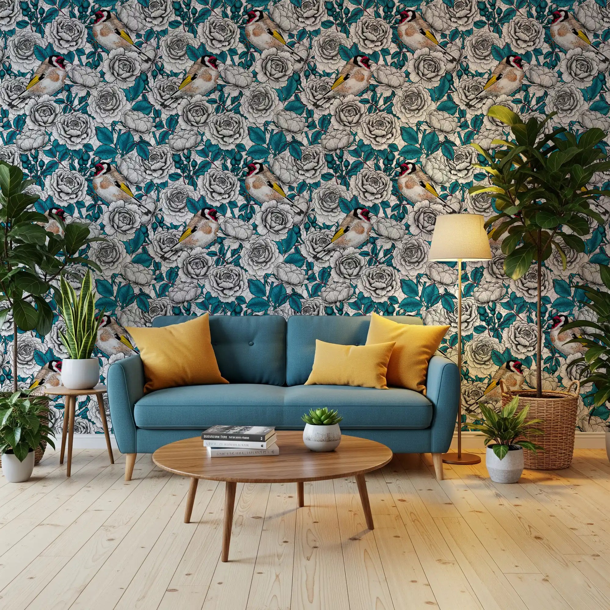 Living room paired with the goldfinch and teal rose garden wallpaper for a botanical feel.