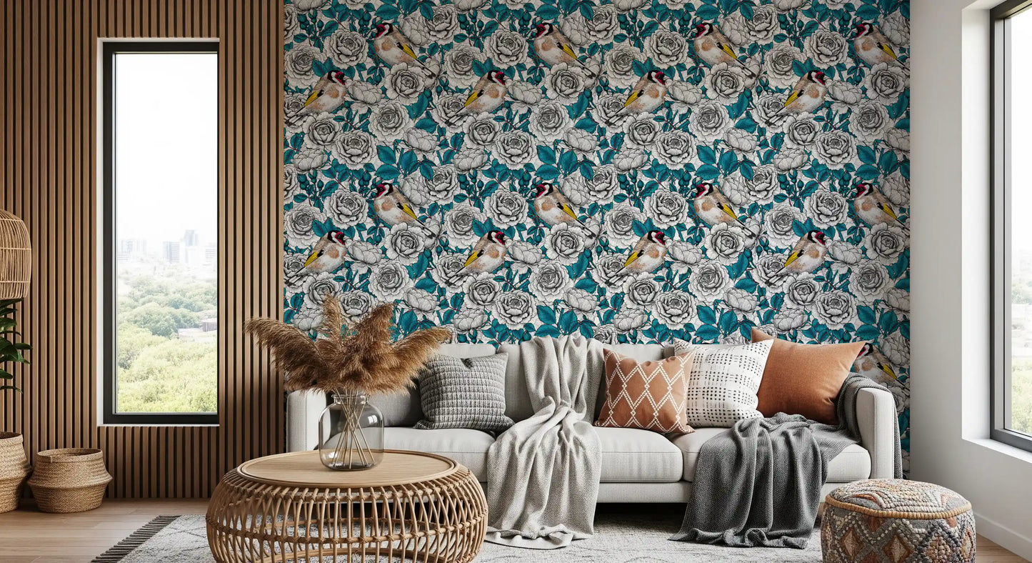 Goldfinch & White and  Teal Rose Garden Wallpaper⁠