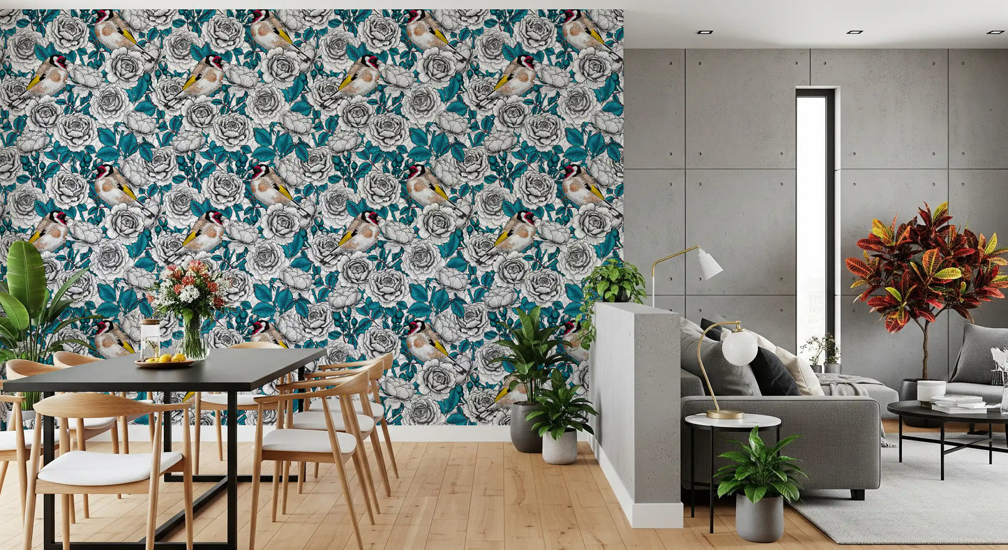 Goldfinch & White and  Teal Rose Garden Wallpaper⁠