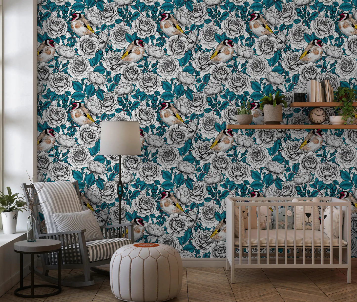 Goldfinch & White and  Teal Rose Garden Wallpaper⁠