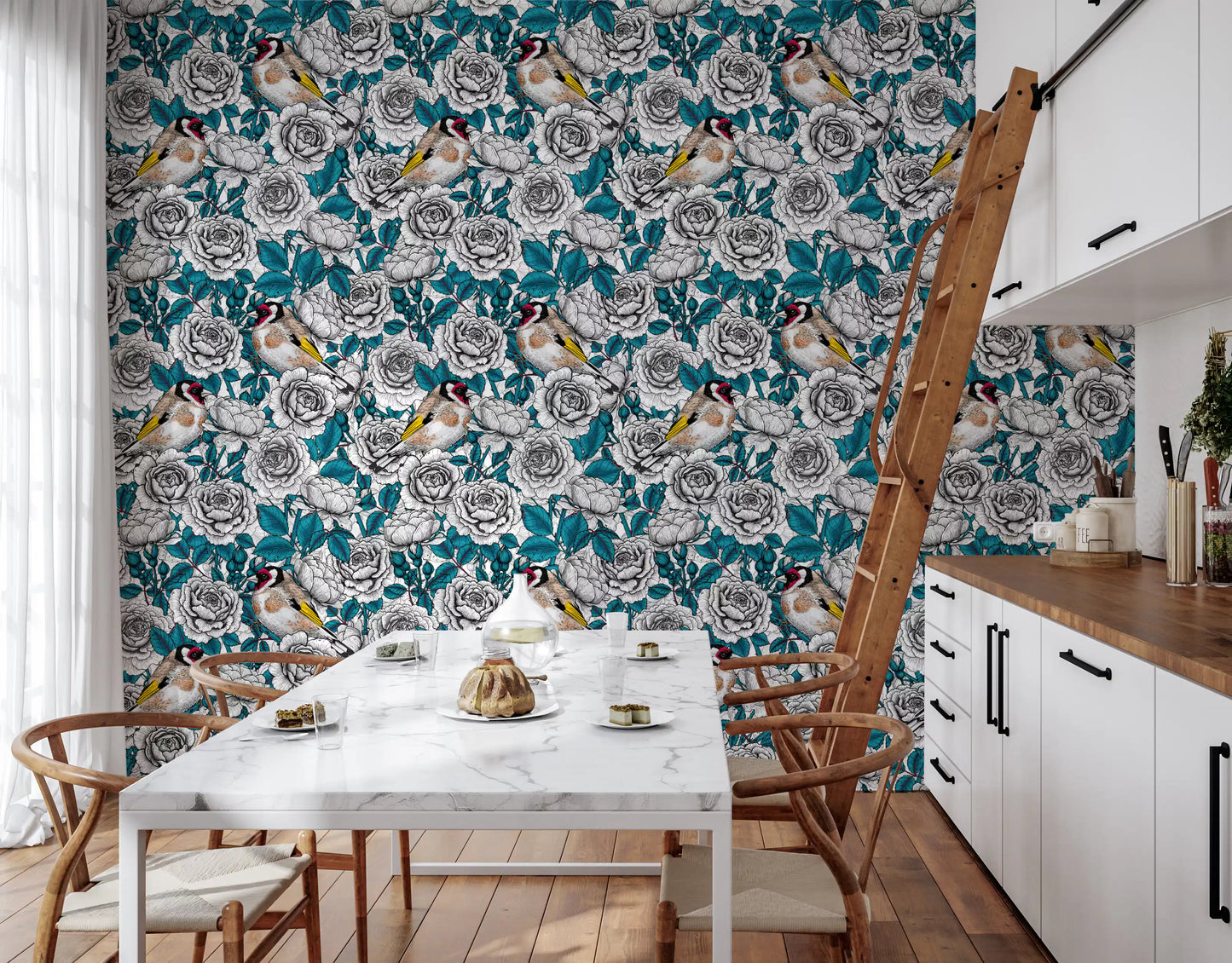 Goldfinch & White and  Teal Rose Garden Wallpaper⁠