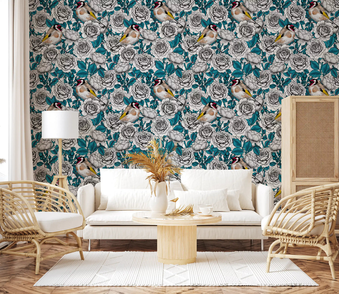 Goldfinch & White and  Teal Rose Garden Wallpaper⁠