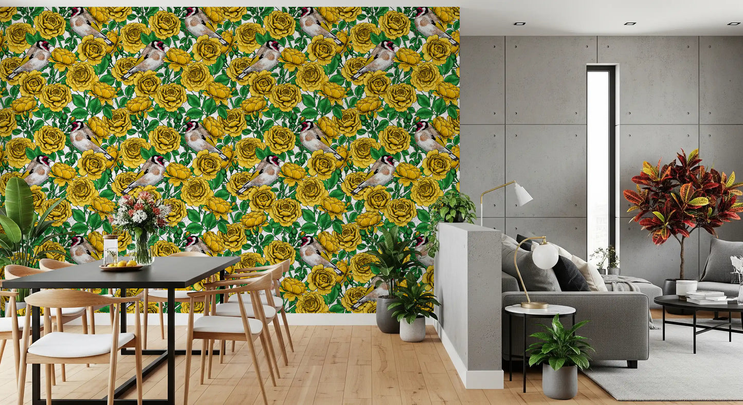 Golden Roses & Goldfinches Wallpaper⁠