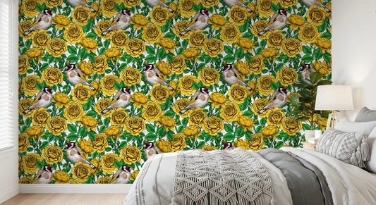 Yellow and perched birds in the bedroom from the Roses & Goldfinches wallpaper