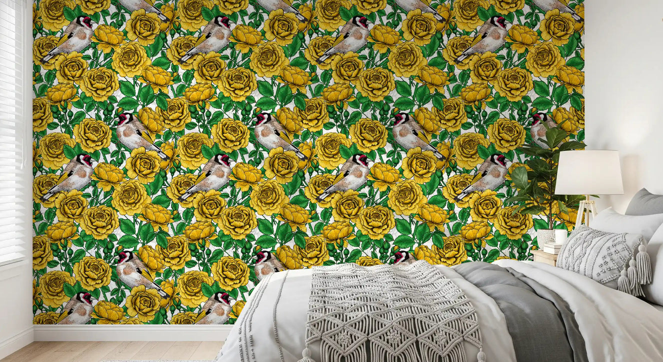 Yellow and perched birds in the bedroom from the Roses & Goldfinches wallpaper