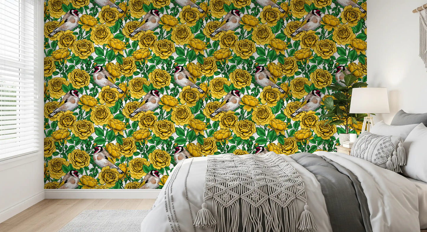 Golden Roses & Goldfinches Wallpaper⁠