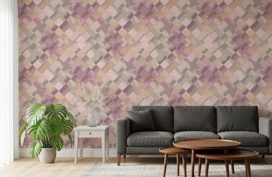 Diagonal pink and mauve squares fill a living room with Relax Sunrise Checker wallpaper.