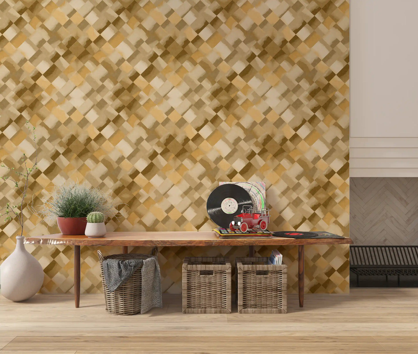 Relax Ocher Painted Checker Wallpaper⁠