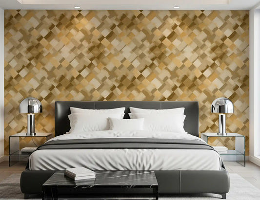 Bedroom backdrop using the Relax Ocher Painted Checker wallpaper as a feature spread.