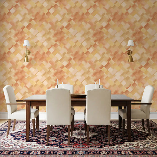 Peach and gold squares fill the dining room as Relax Sunny Painted Checker wallpaper.