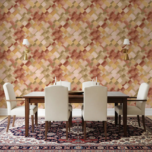 Relax Sunset Checker Wallpaper warms a dining room with and olive diamonds.