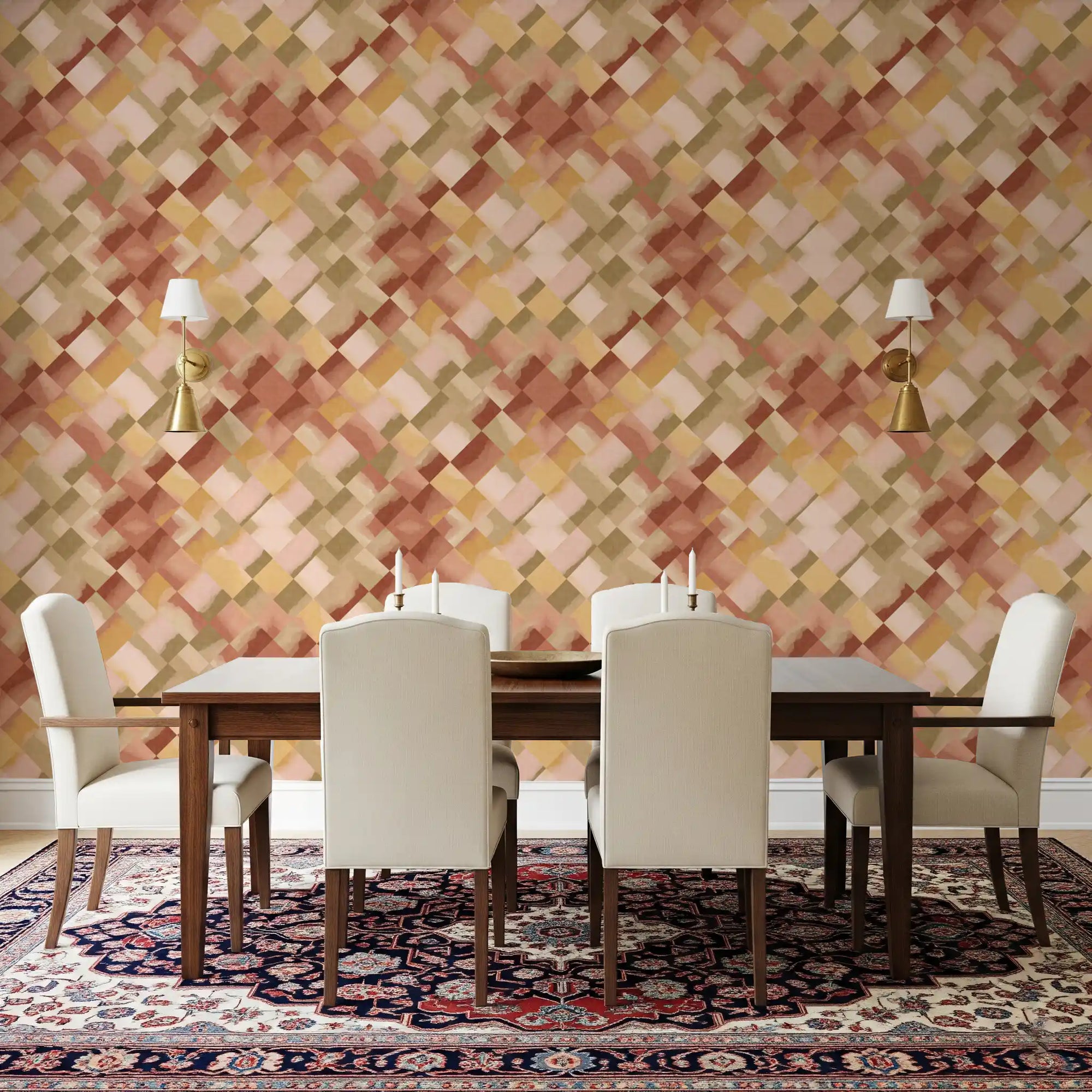 Relax Sunset Checker Wallpaper warms a dining room with and olive diamonds.