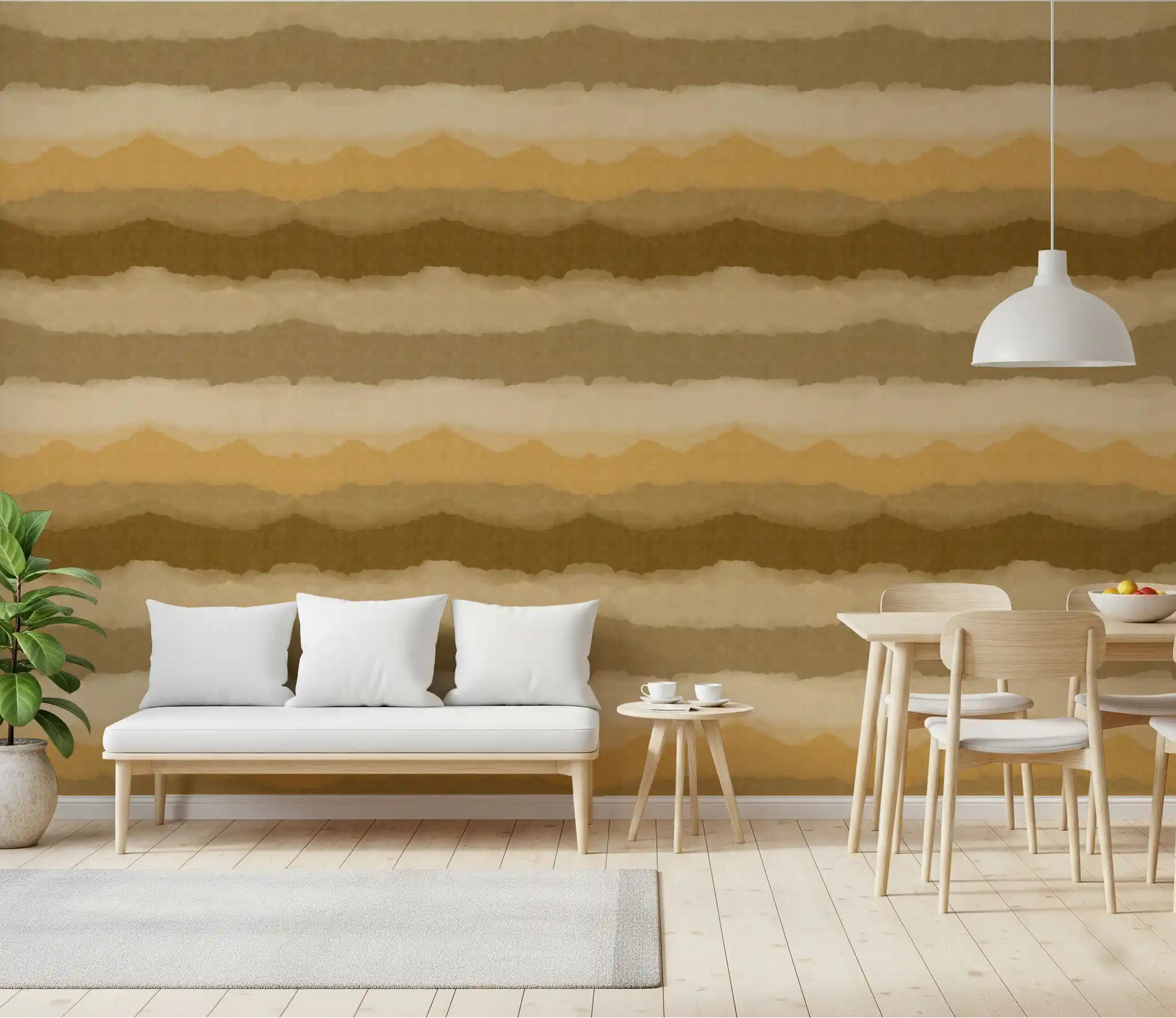 Dining room with the Relax Ocher Painted Horizon Wallpaper warming a feature side.